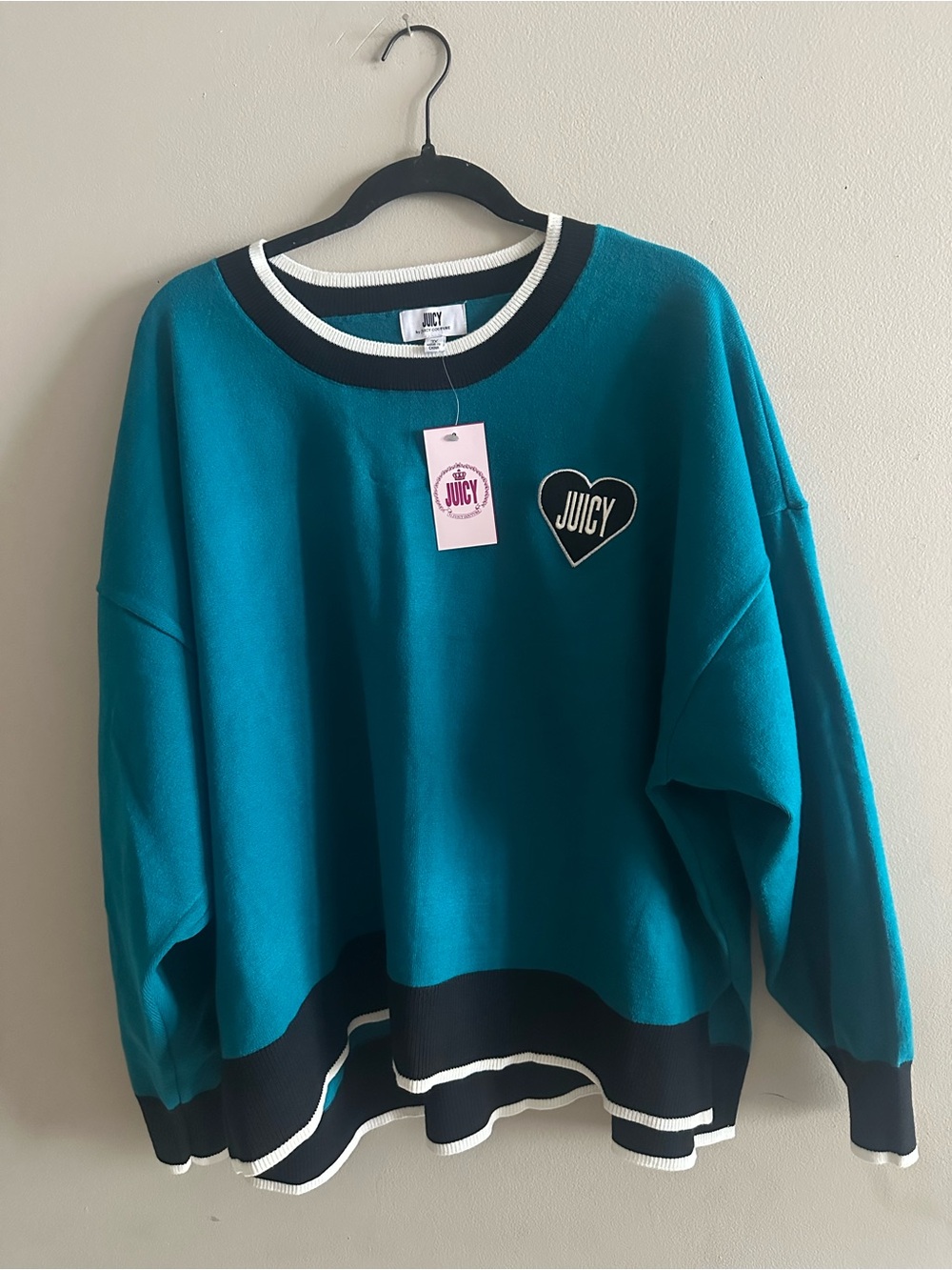 NWT Juicy Couture Teal Crewneck Sweater with Black & White Trim Size 3X
